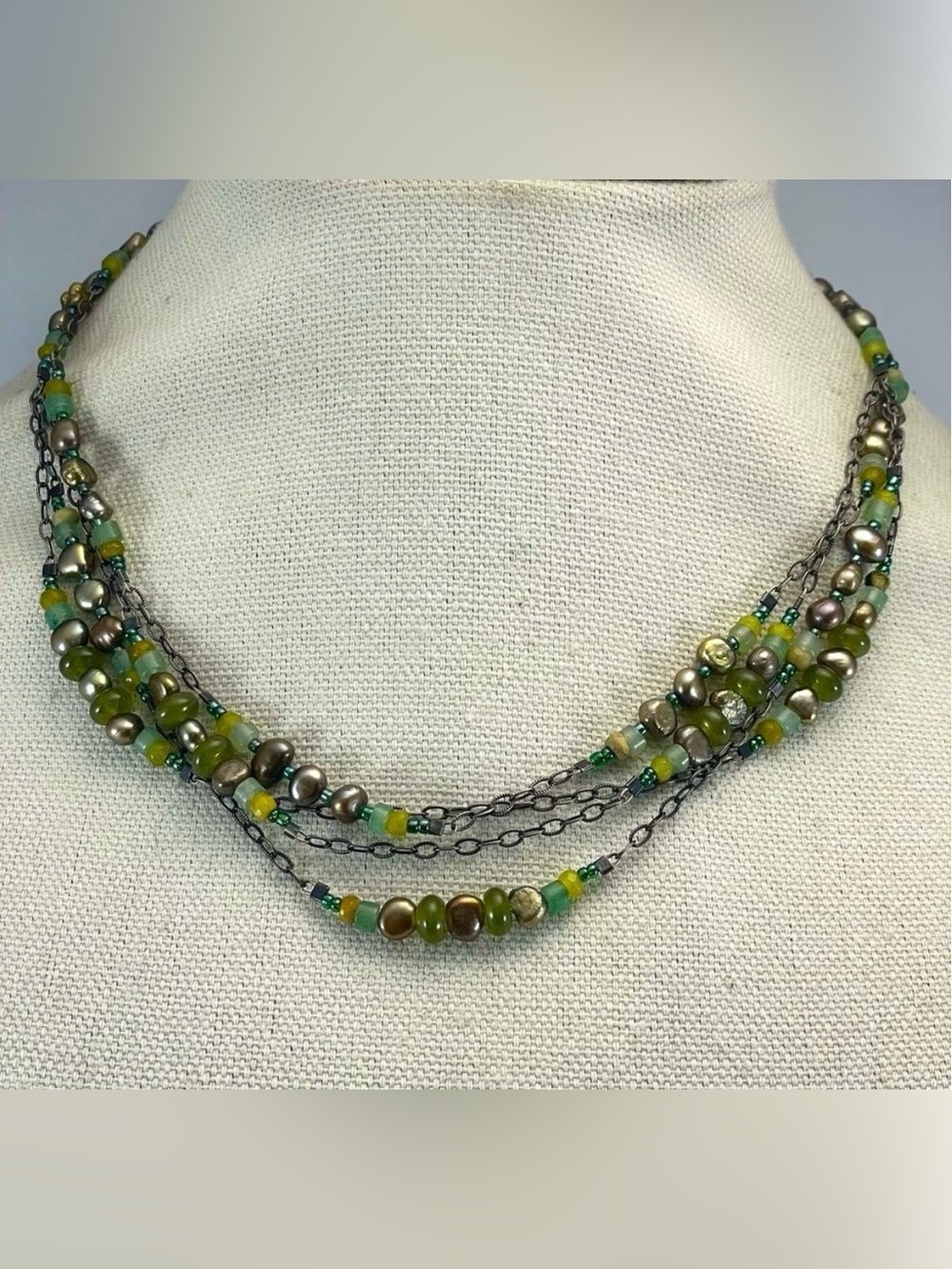 Silpada 3 Layer Sterling Silver Chain Seed Bead Green Pearl Necklace Statement